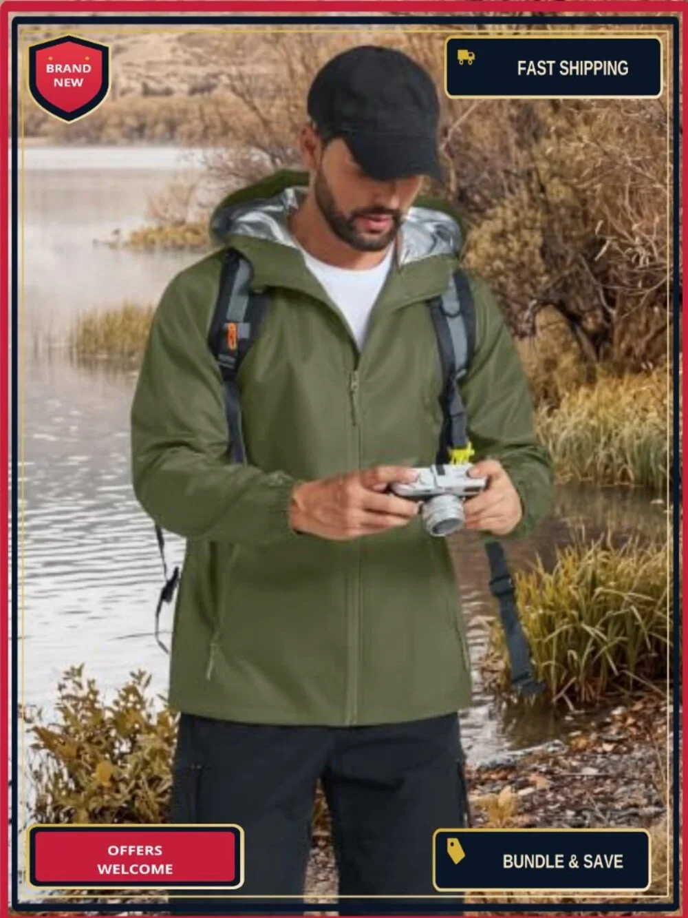 Men's Waterproof Rain Jacket Hooded Packable Windbreaker Lightweight Outdoor